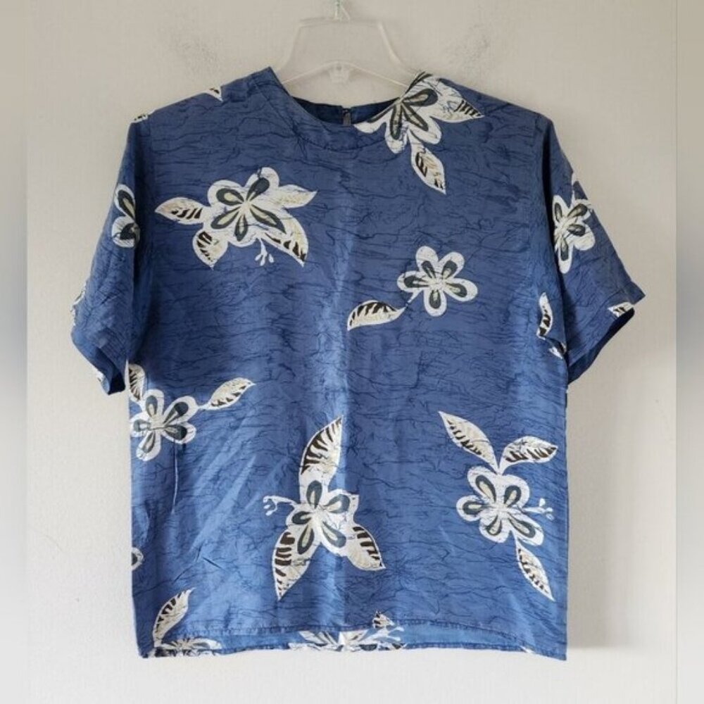 OSCAR DE LA RENTA Expression | Blue Floral 100% Silk Short Sleeve Blouse Size S